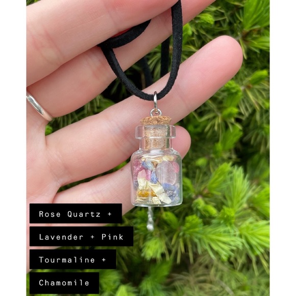 Crystal + Herb Bottle Necklace | Hand Crafted Chamomile + Rose Quartz - Picture 3 of 6